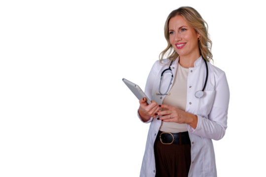 Female doctor wearing white coat and stethoscope, holding tablet, smiling confidently, healthcare professional, transparent background - Powered by Adobe