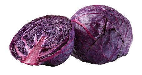 Fototapeta premium Vibrant purple cabbage, one halved revealing layered texture