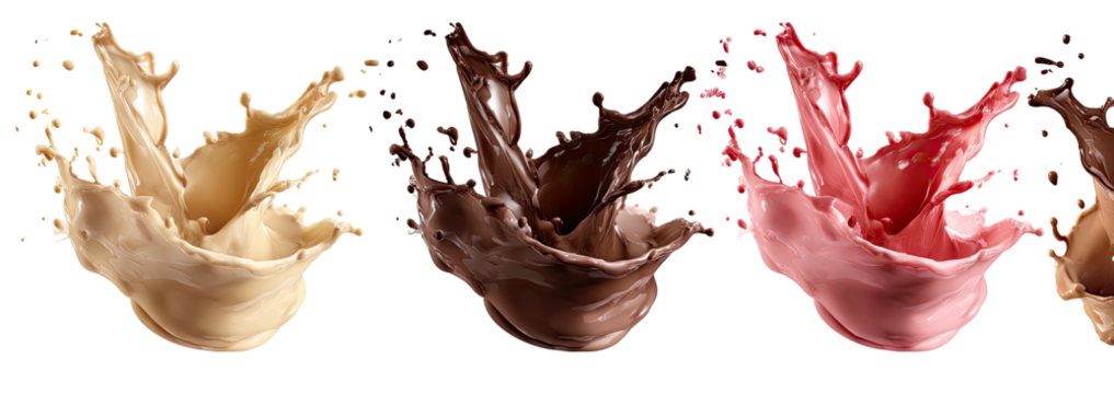 Three liquid splashes beige, chocolate, and strawberry