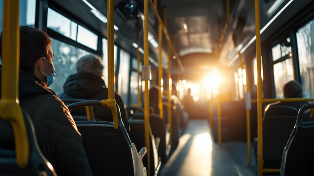 Public transport interior with few masked passengers and bright sunlight through windows.