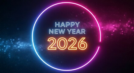 Vibrant neon oval frame with glowing text happy new year 2026 in blue and pink light against a dark background with sparkling particles creating a festive and celebratory atmosphere for the upcoming y