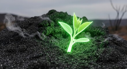 A glowing green seedling emerging from dark soil symbolizes growth, renewal, and the potential for new life in an environmentally conscious setting