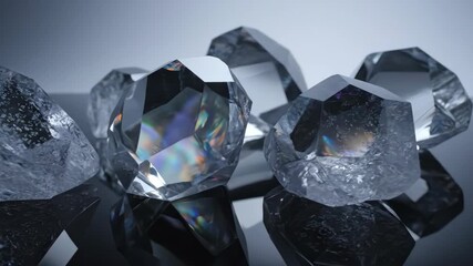 A collection of sparkling crystals and gems rotating on a reflective surface. Close-up of a faceted diamond refracting rainbow light. Luxury and precious minerals concept - Powered by Adobe