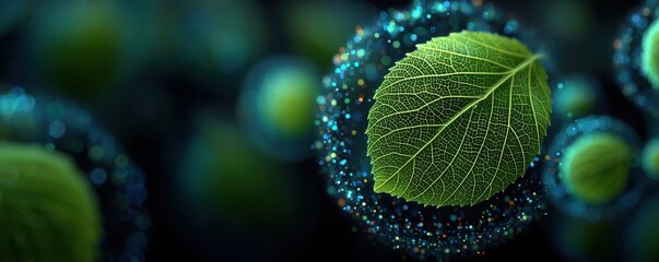 Abstract green leaf with futuristic blue swirl and glowing circles, nature and technology fusion
