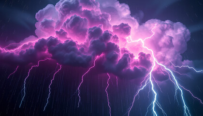 Cybernetic storm clouds with glowing neon lightning, digital rain of binary codes, dark futuristic background, highly detailed