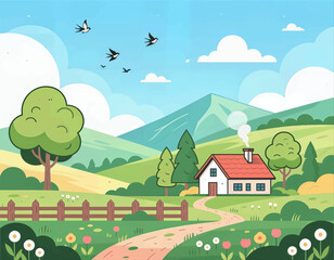 Fototapeta premium Cottage in countryside landscape, colorful cartoon illustration