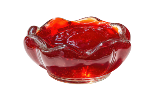 A glistening red fruit preserve fills a decorative glass dish