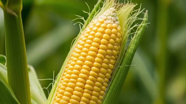 Close up of a ripe yellow corn cob growing in a field