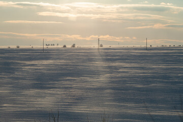 Expansive winter landscape featuring a vast snow-covered field under a soft, cloudy sky with distant trees and power lines creating a serene, tranquil atmosphere