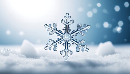 Crystal snowflake macro on snow with sequins and side effects, winter background for holidays and New Year's design