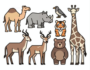 Obraz premium Cute cartoon safari animals, minimal illustration set, isolated