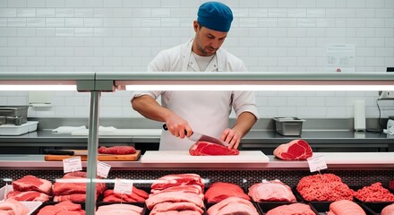 A butcher is preparing fresh cuts of meat at a modern meat counter in a clean, well-lit supermarket or butcher shop setting