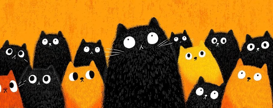 Colorful group of cartoon cats on orange background, playful black and orange felines illustration