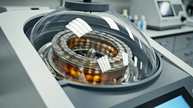 A modern laboratory centrifuge spinning test tubes with liquid samples. Medical equipment for scientific research and analysis