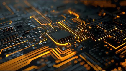 Abstract futuristic circuit board with glowing orange lines and components high technology digital data flow concept - Powered by Adobe