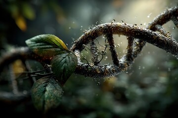 Nature-inspired DNA strand made of vines and leaves with glowing, textured beads