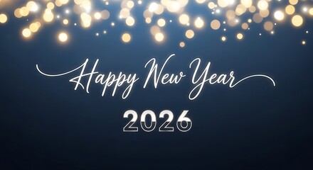Elegant happy new year 2026 greeting with sparkling golden bokeh lights against a dark blue background perfect for festive celebrations and invitations