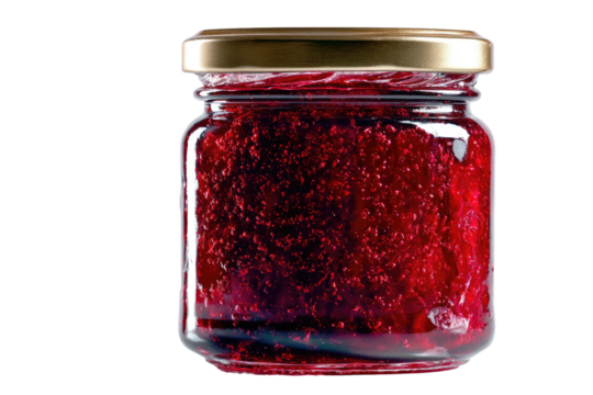 A clear glass jar filled with vibrant red fruit preserve, sealed with gold