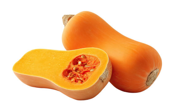 Bright orange butternut squash cut in half on black background