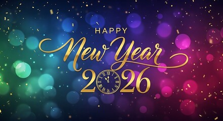 Elegant golden calligraphy text happy new year 2026 with bokeh lights and confetti on a vibrant colorful blurred background celebrating the upcoming year and festive occasion