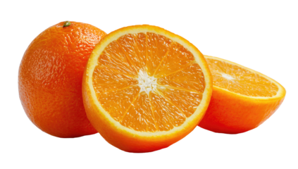 Juicy citrus fruit halves and whole orange on a black background