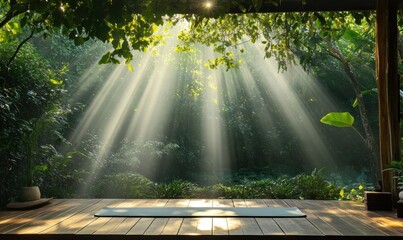Empty yoga mat on wooden deck with morning sun rays through dense green jungle foliage, ideal for mindfulness and relaxation.