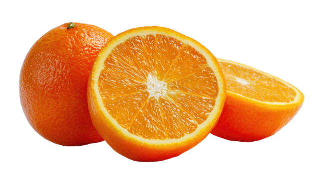 Juicy citrus fruit halves and whole orange on a black background