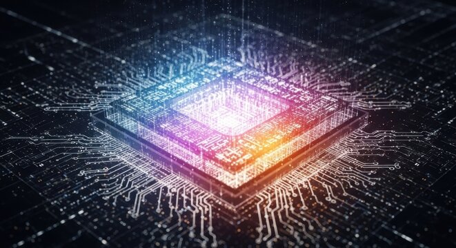 futuristic digital microchip with glowing circuits and data glow in a dark technological environment