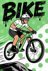 Obraz premium Cyclist riding mountain bike, dynamic vector style, downhill trail scene