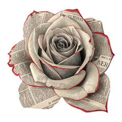 Surreal rose flower made of vintage newspaper pages with red edges. Concept of romance, creativity, storytelling, and artistic expression in floral design.