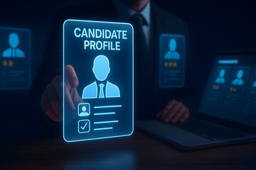 Recruiter reviewing digital candidate profile on futuristic interface