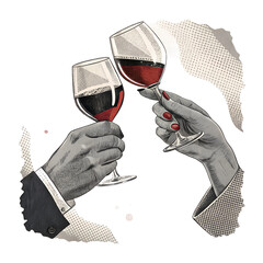 Elegant male and female hands clinking wine glasses in vintage engraving style. Concept of celebration, romance, toast, partnership, and social moments.