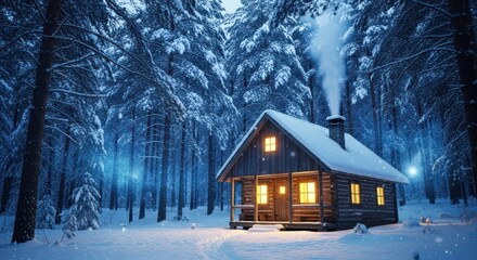 Cozy Cabin in Snowy Forest at Dusk.
