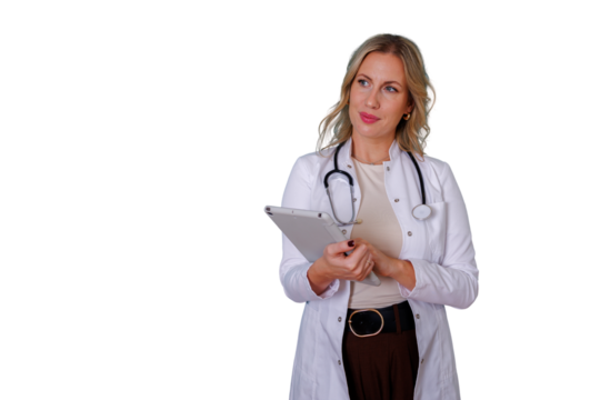 Female doctor holding a digital tablet, wearing a lab coat and stethoscope, healthcare professional
