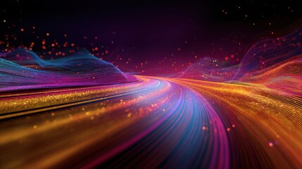 abstract road with flowing colorful waves, music visualizations around, sense of speed and rhythm, futuristic vibe, glowing particles, dynamic
