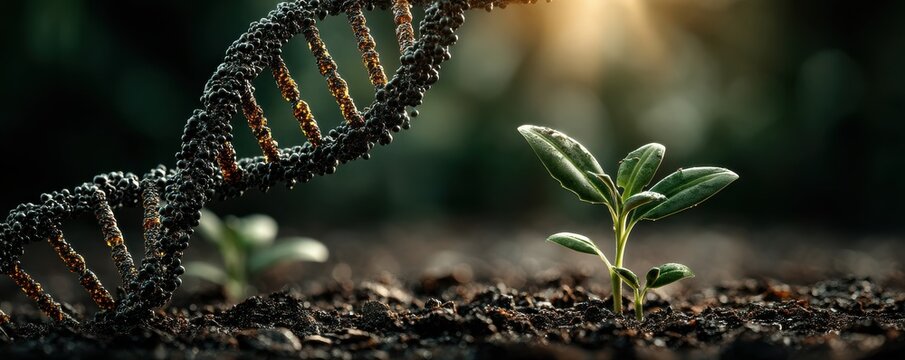 DNA double helix surrounded by tiny green plants growing from soil in a natural science and growth scene