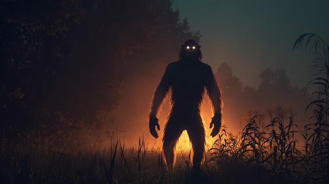 Mysterious bigfoot creature rising in a foggy forest at sunset