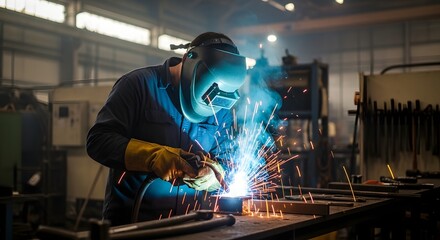 A skilled welder wearing protective gear and gloves is working on metal fabrication in an industrial workshop with sparks flying around