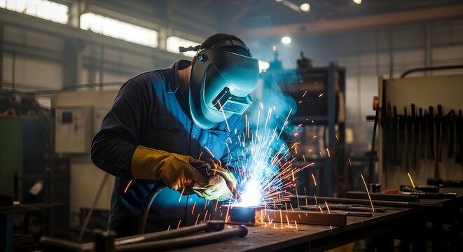 A skilled welder wearing protective gear and gloves is working on metal fabrication in an industrial workshop with sparks flying around - Powered by Adobe