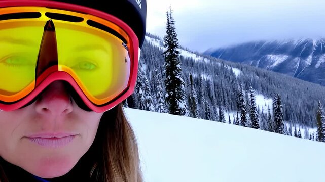 Woman in Ski Goggles on Snowy Mountain Slope
