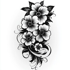 Floral Design, intricate and elegant, black and white botanical illustration, on a white background