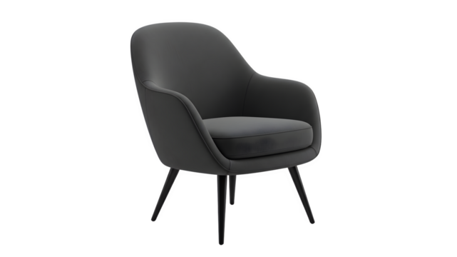 Modern Dark Gray Upholstered Armchair with Sleek Black Legs on transparent Background - Powered by Adobe