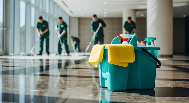 Commercial Cleaning Crew Ready to Disinfect and Sanitize Large Office Building - Powered by Adobe