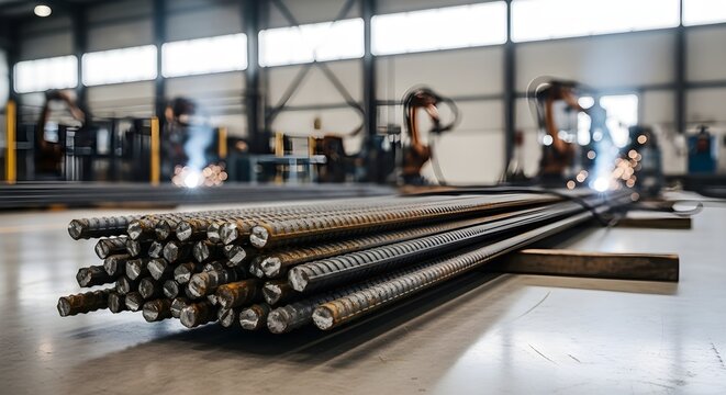Steel Rebars in Industrial Setting Metal Rods for Construction with Robotic Welding in Background
