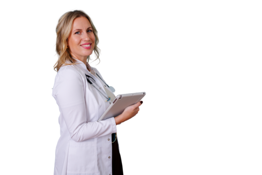 Female healthcare professional smiling, carrying digital tablet, modern medical technology, transparent background - Powered by Adobe