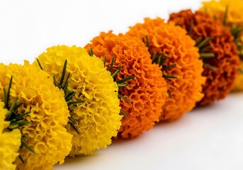 Vibrant marigold flower garland in a row displaying yellow orange and red hues