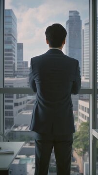 Man in a suit gazing at city buildings. Corporate, business, success, ambition, urban lifestyle, professional, entrepreneur, cityscape, contemplation, architecture, modern, skyscrapers, executive, lea