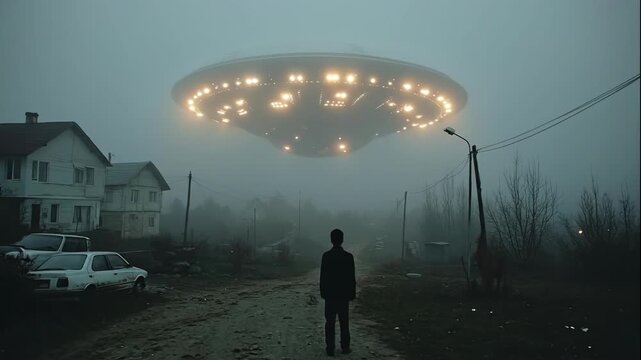 Man stands on a rural road observing a large glowing unidentified flying object hovering over a foggy village, sci-fi concept.