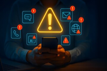 Smartphone warning notifications with critical alert icons around user