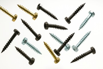 Various hex head wood screws scattered in mid air diagonal cascade on white background for hardware construction tool and fastener themes